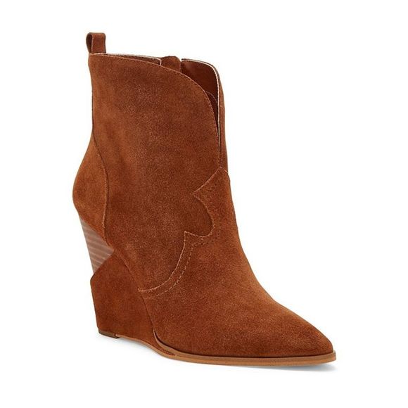 JESSICA SIMPSON Womens Brown Deep V Notch Hilrie Wedge Leather Booties 8.5 M